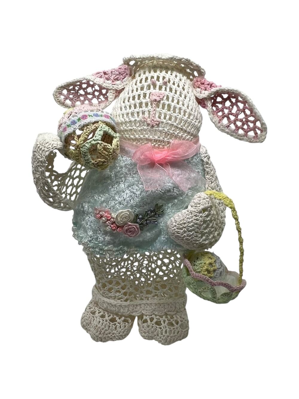 Handmade Vintage Style Crochet Easter Bunny Figurine with Basket and Floral Vest